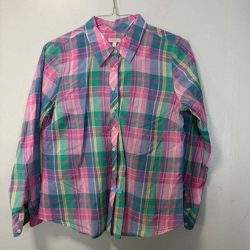 Talbots Petite Large Pink Green Plaid Cotton Button Down Lightweight Shirt